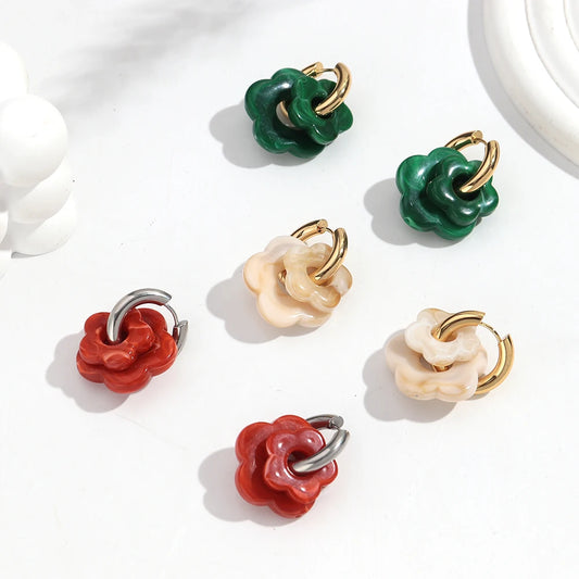 Cute Colorful Acrylic Flower Drop Earrings for Women Fashion Resin Petal Stainless Steel Circles Earring Trend Jewelry Gifts