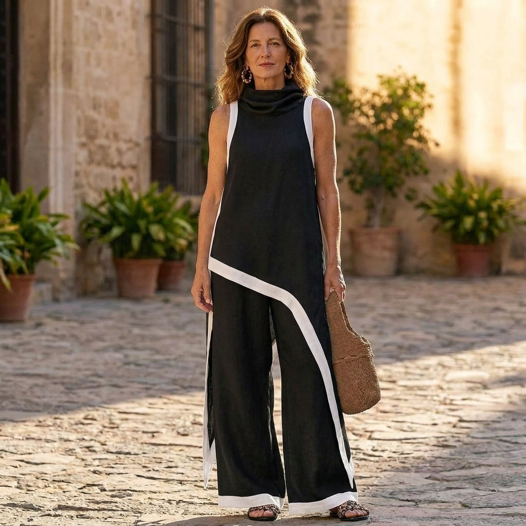 Conjunto Sofía Top Cuello Alto y Pantalón Ancho con Ribete de Contraste