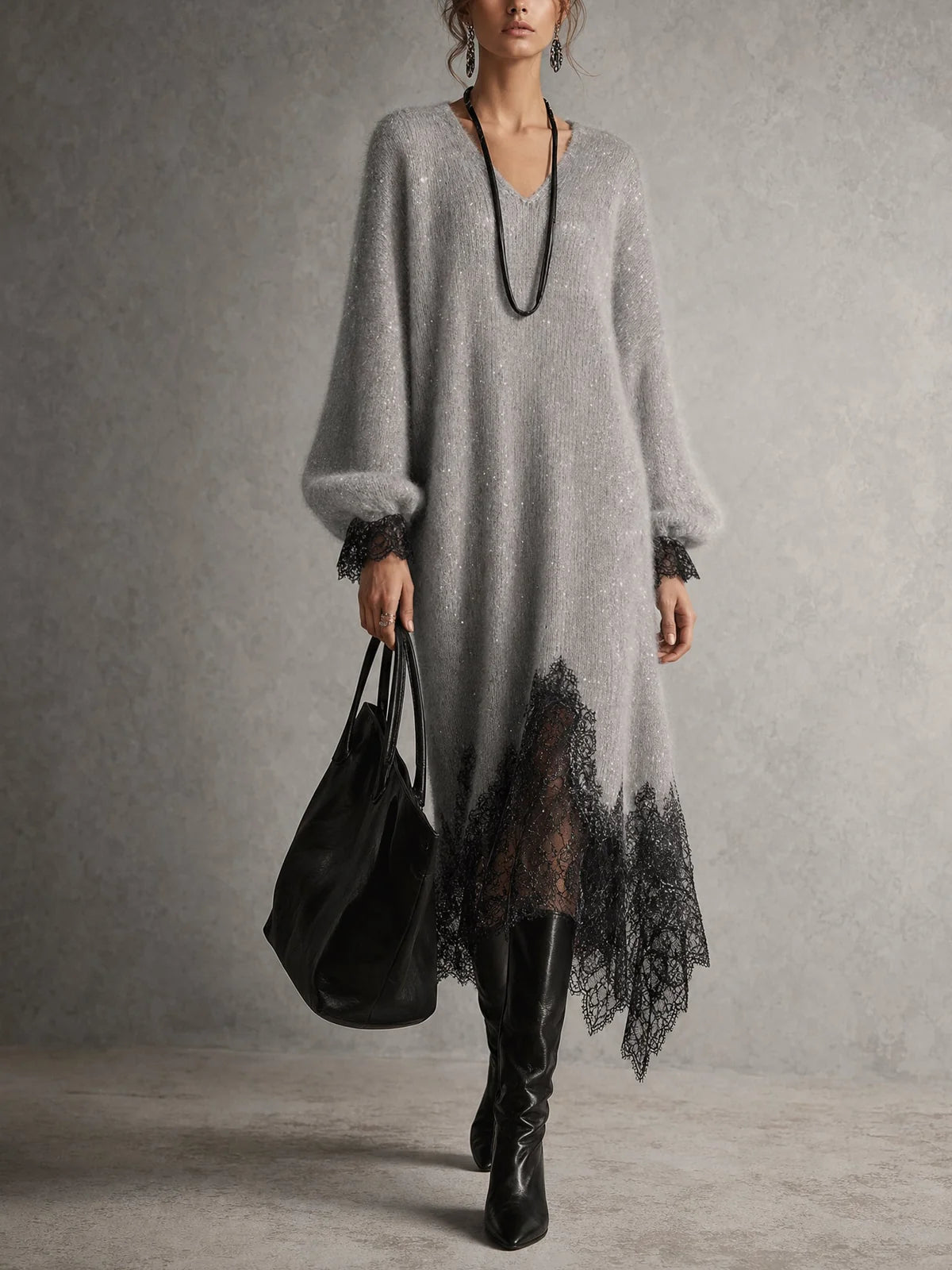 Vestido midi gris de punto con bajo de encaje