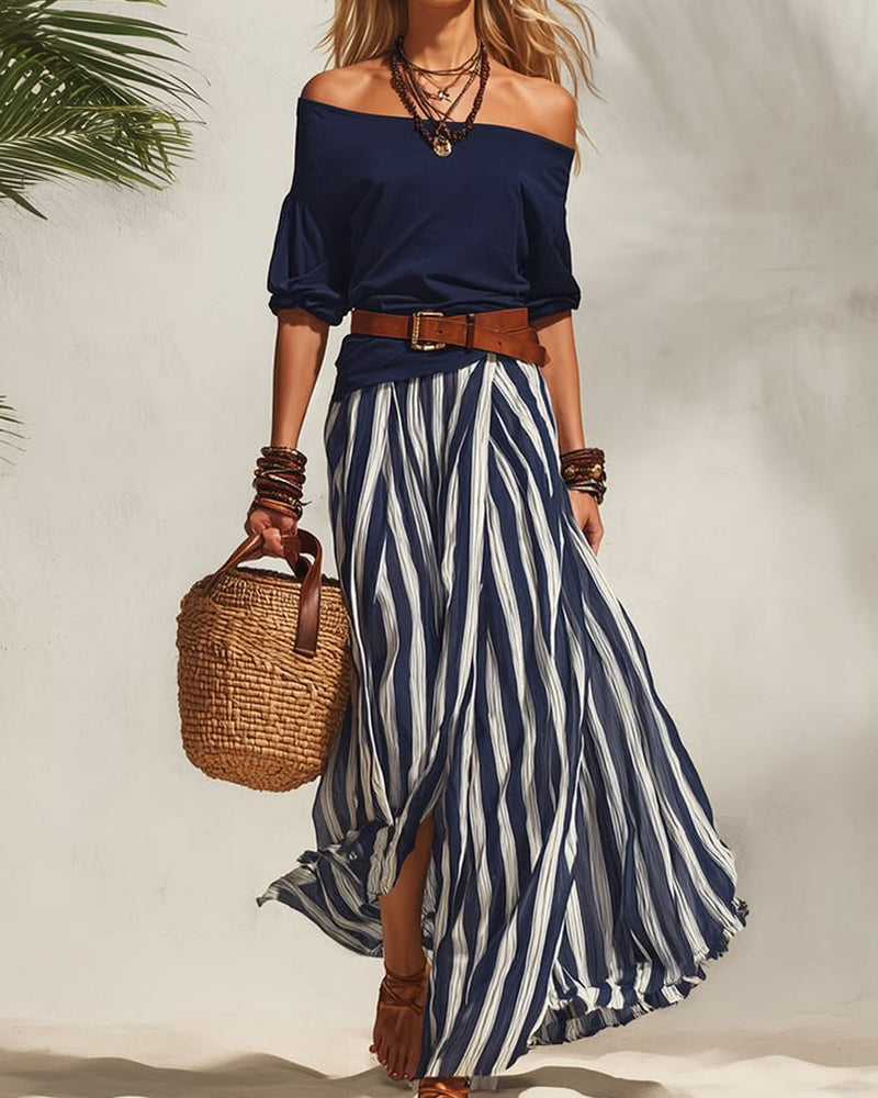 Madison Conjunto con Falda Maxi de Rayas y Top de Hombros Descubiertos