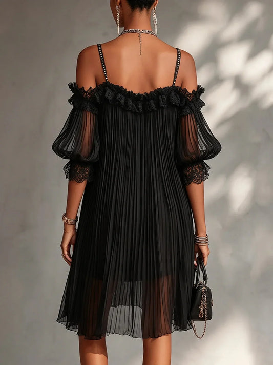 Vittoria Minivestido de Gasa Negro con Hombros Descubiertos