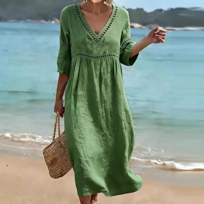 Vestido Largo de Lino con Efecto Aplanador de Vientre