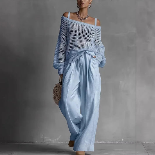 Conjunto de Mujer con Suéter Calado y Pantalón Ancho