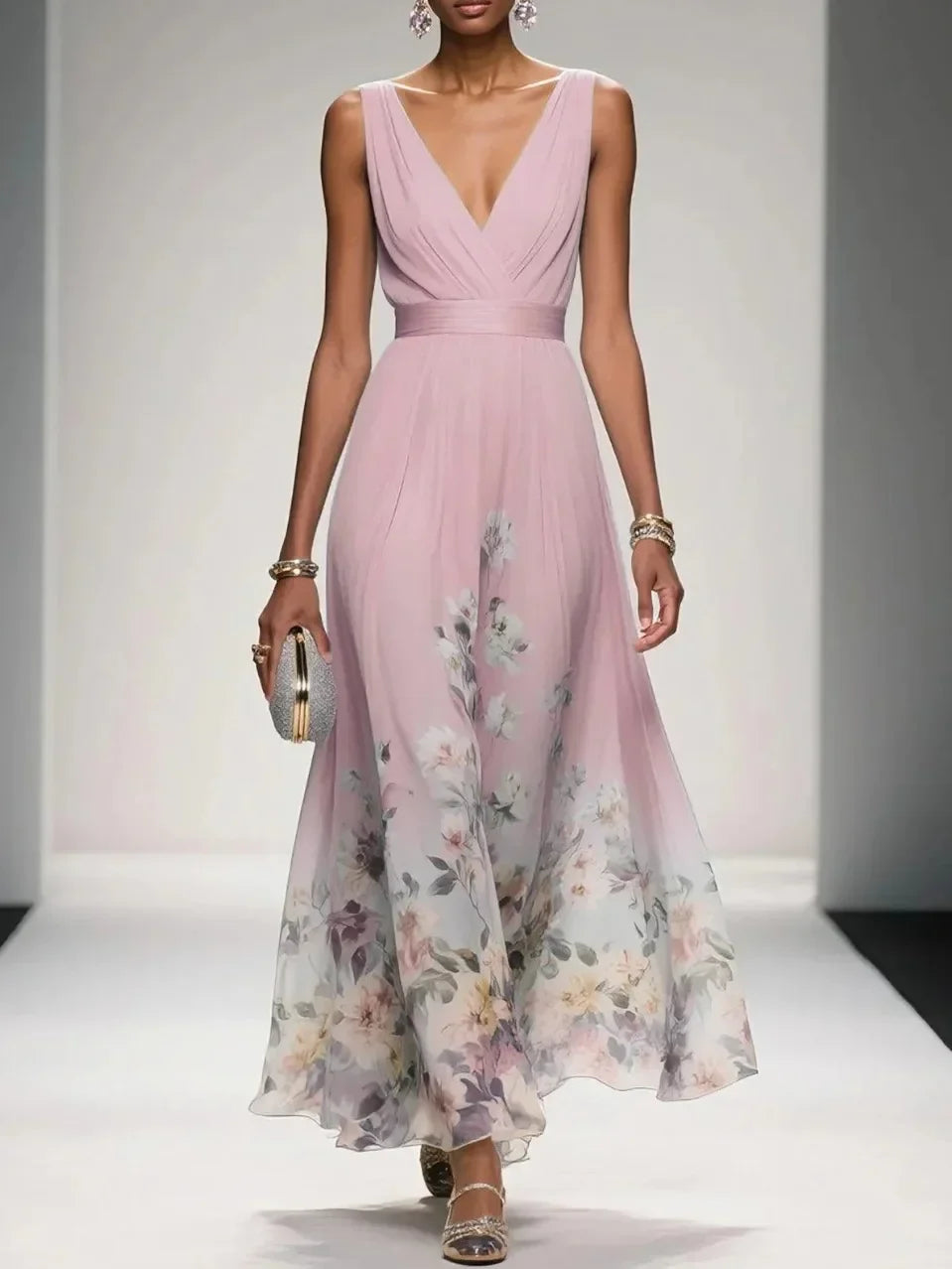 Vestido Largo Floral con Escote en V