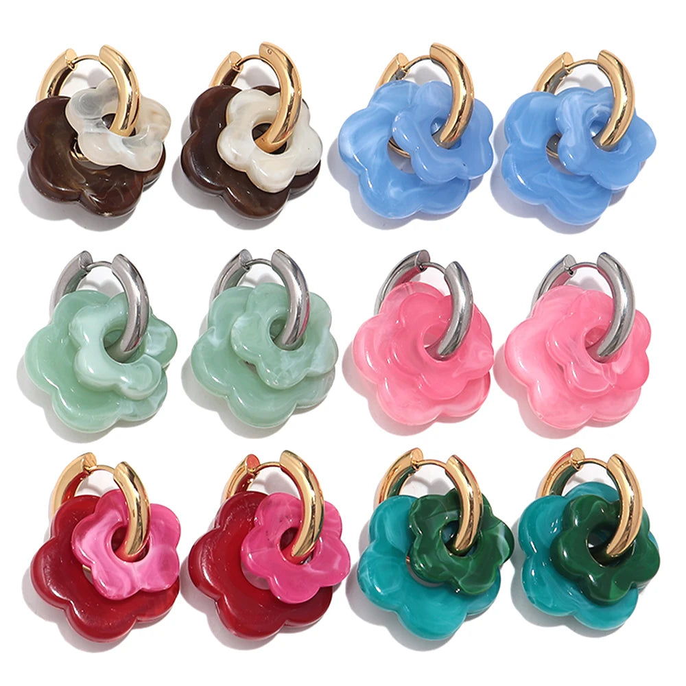 Cute Colorful Acrylic Flower Drop Earrings for Women Fashion Resin Petal Stainless Steel Circles Earring Trend Jewelry Gifts