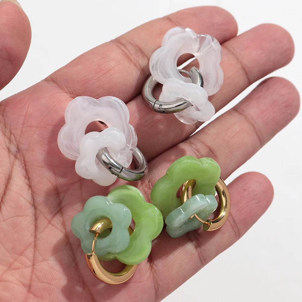 Cute Colorful Acrylic Flower Drop Earrings for Women Fashion Resin Petal Stainless Steel Circles Earring Trend Jewelry Gifts