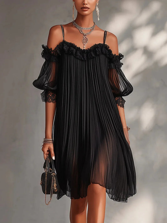 Vittoria Minivestido de Gasa Negro con Hombros Descubiertos