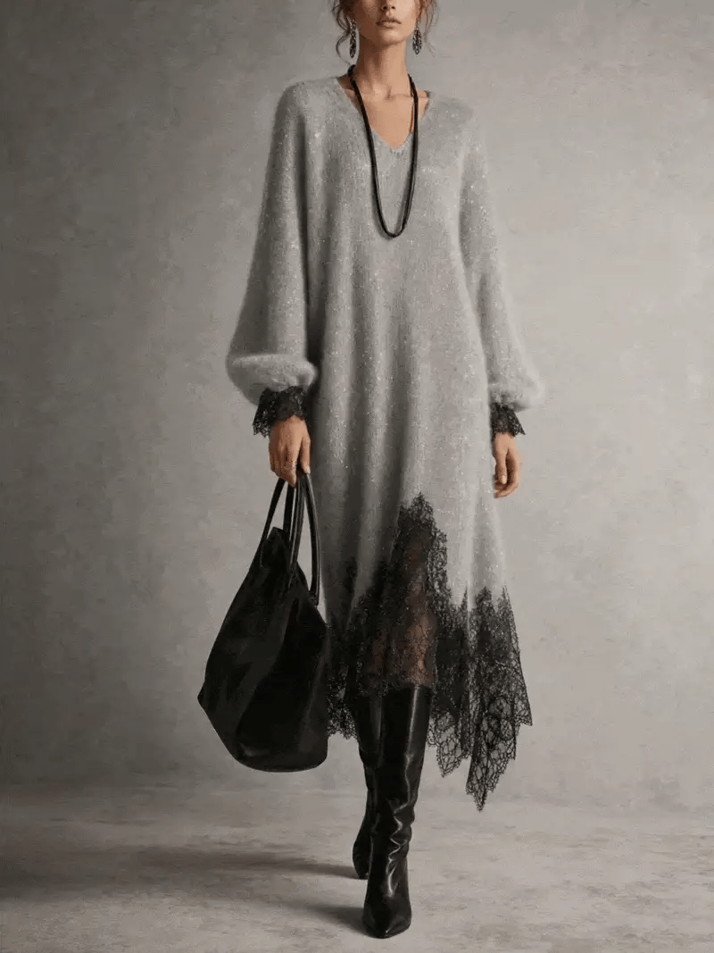 Vestido midi gris de punto con bajo de encaje