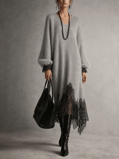 Vestido midi gris de punto con bajo de encaje