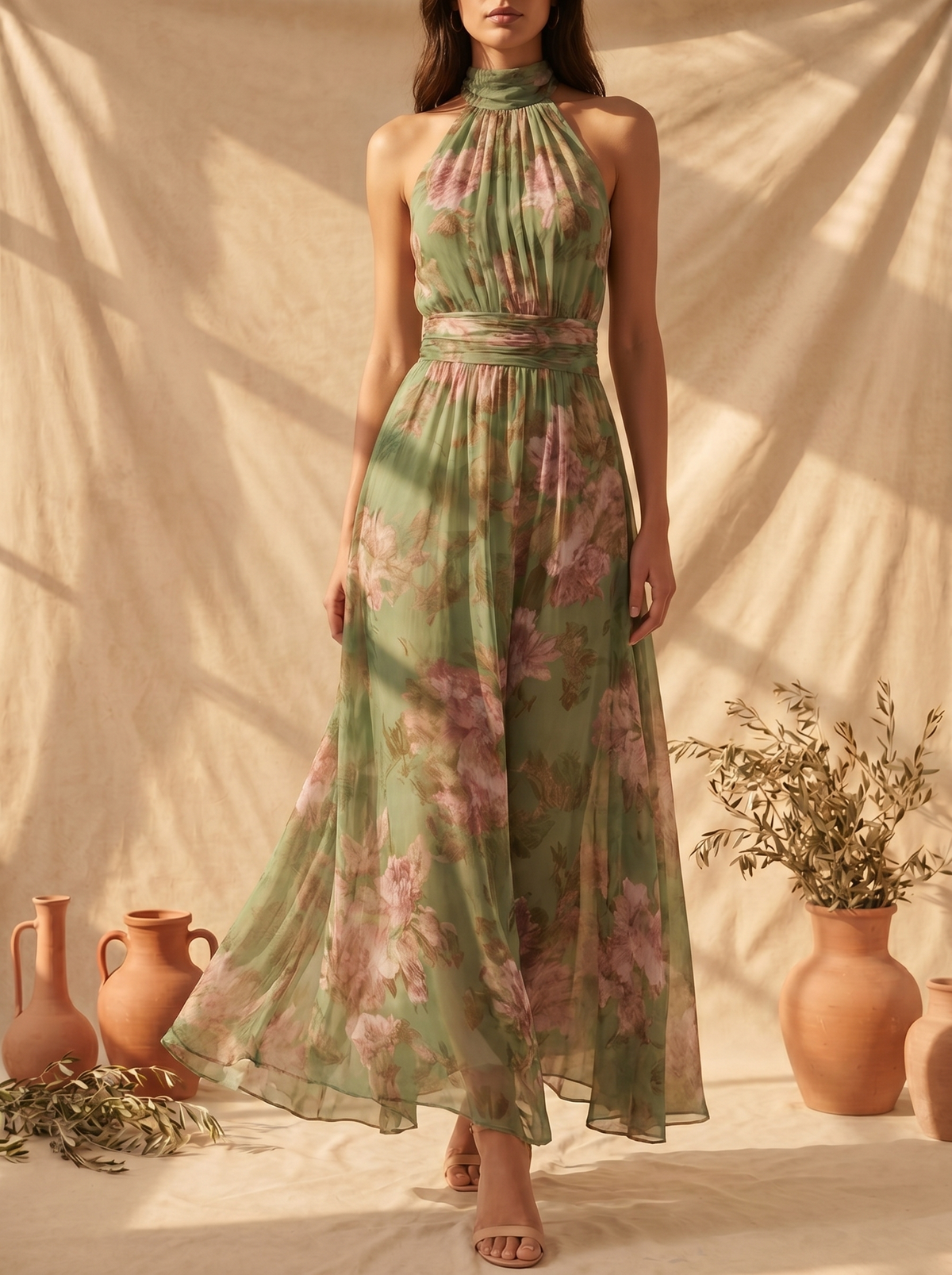 Lidia Vestido Maxi Halter Floral Elegante