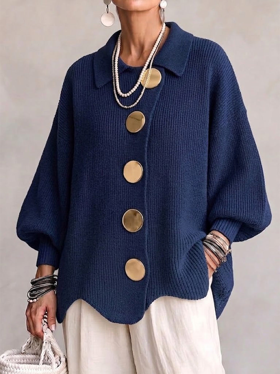 Isadora Cárdigan Oversize con Cuello y Botones Metálicos Grandes